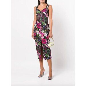 Marchesa Notte Floral Print Tea Length Sheath Midi Dress Black Womens 2
